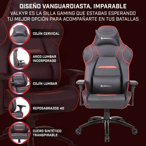 Silla Gaming Profesional Valkyr de Newskill, Reclinable 180º, Reposabrazos 4D, Rojo